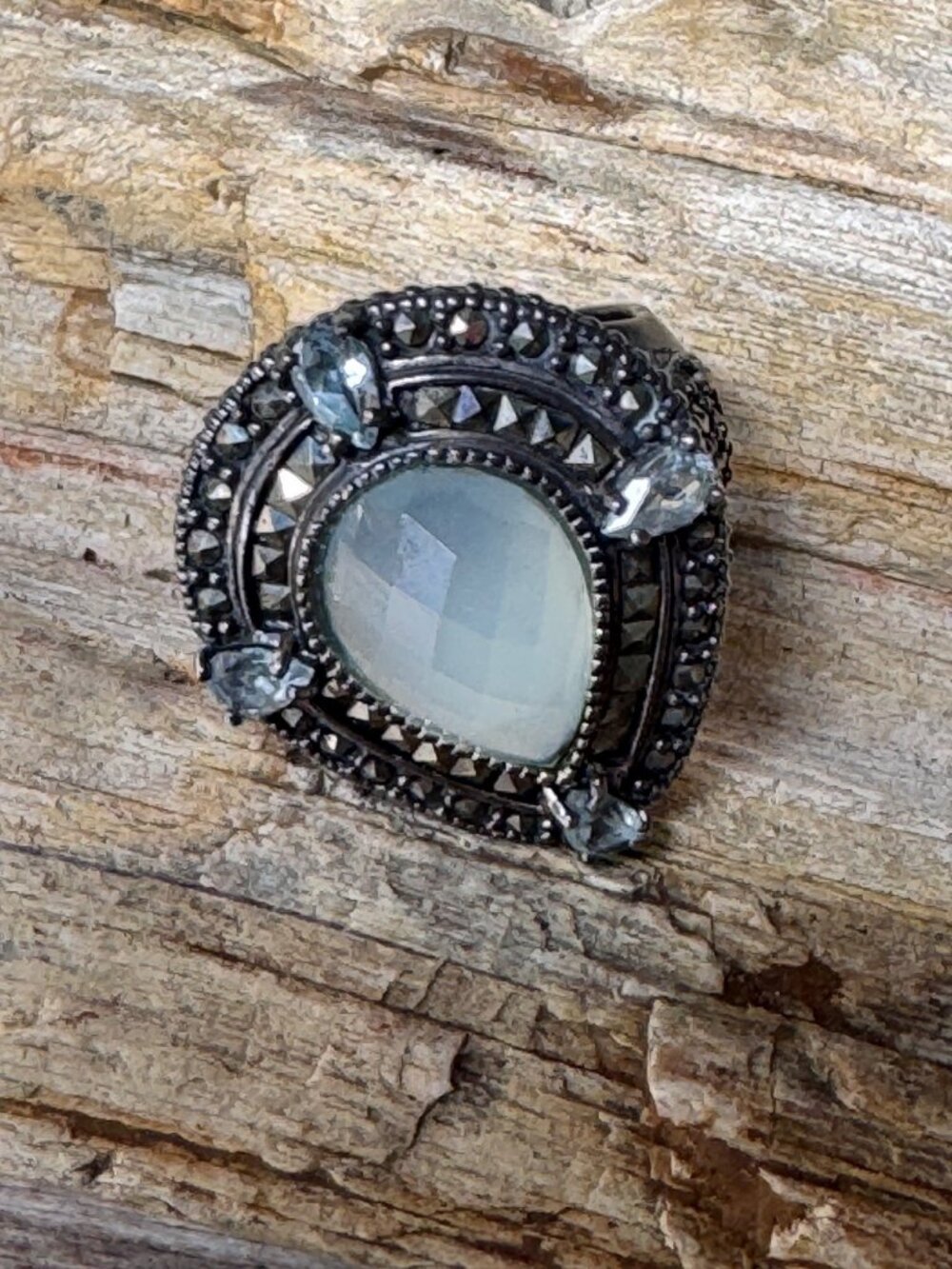 Vintage Sterling Silver Marcasite & Chalcedony Ring Size 7 With Blue Topaz Accen